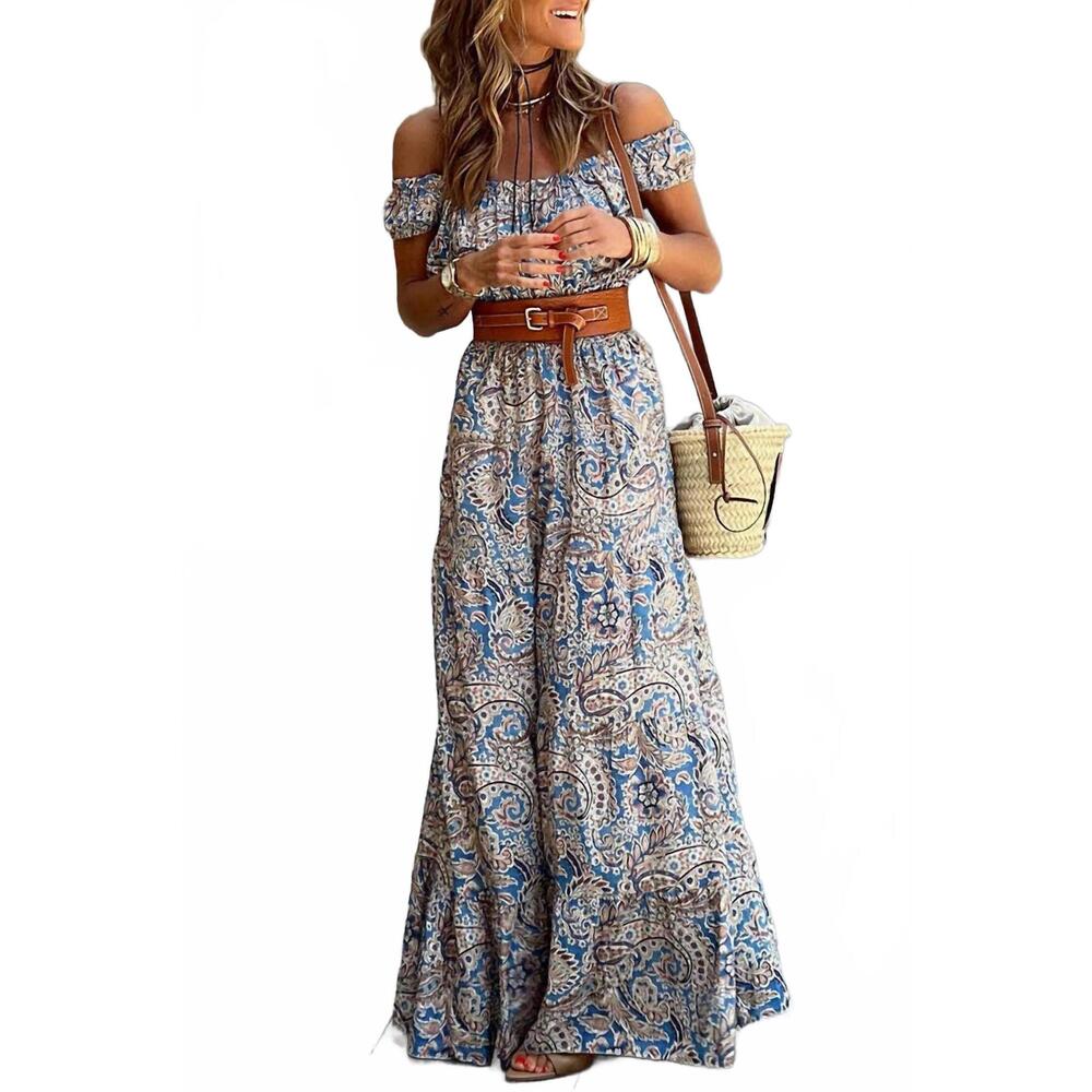 Boho Off-Shoulder Blue Paisley Maxi Dress